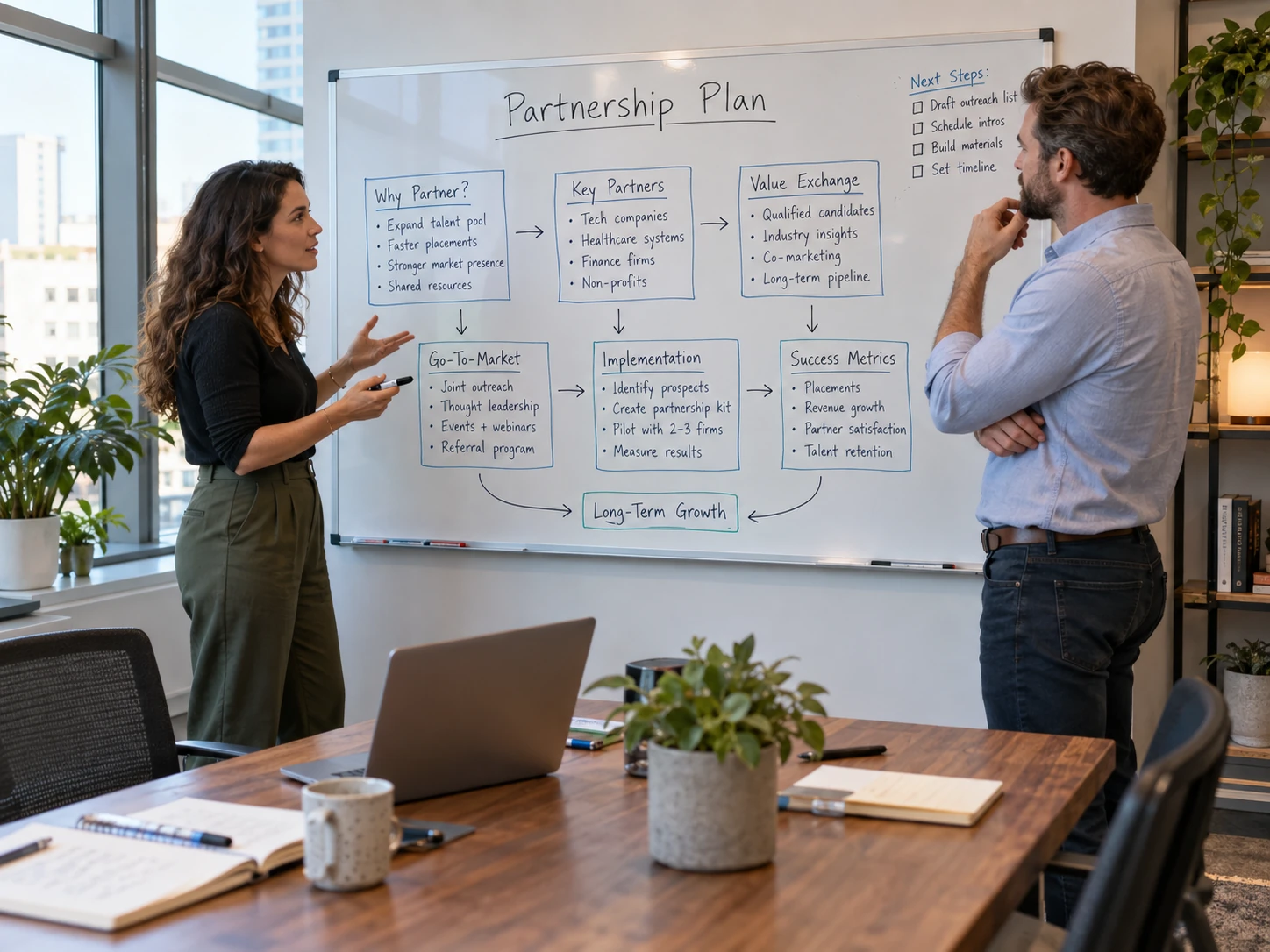 A woman founder and a male director of a staffing firm discussing a partnership plan at a whiteboard in a modern office