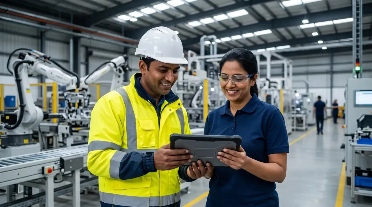 A plant supervisor in a hi-vis jacket and a colleague reviewing data on a tablet beside robotic machinery