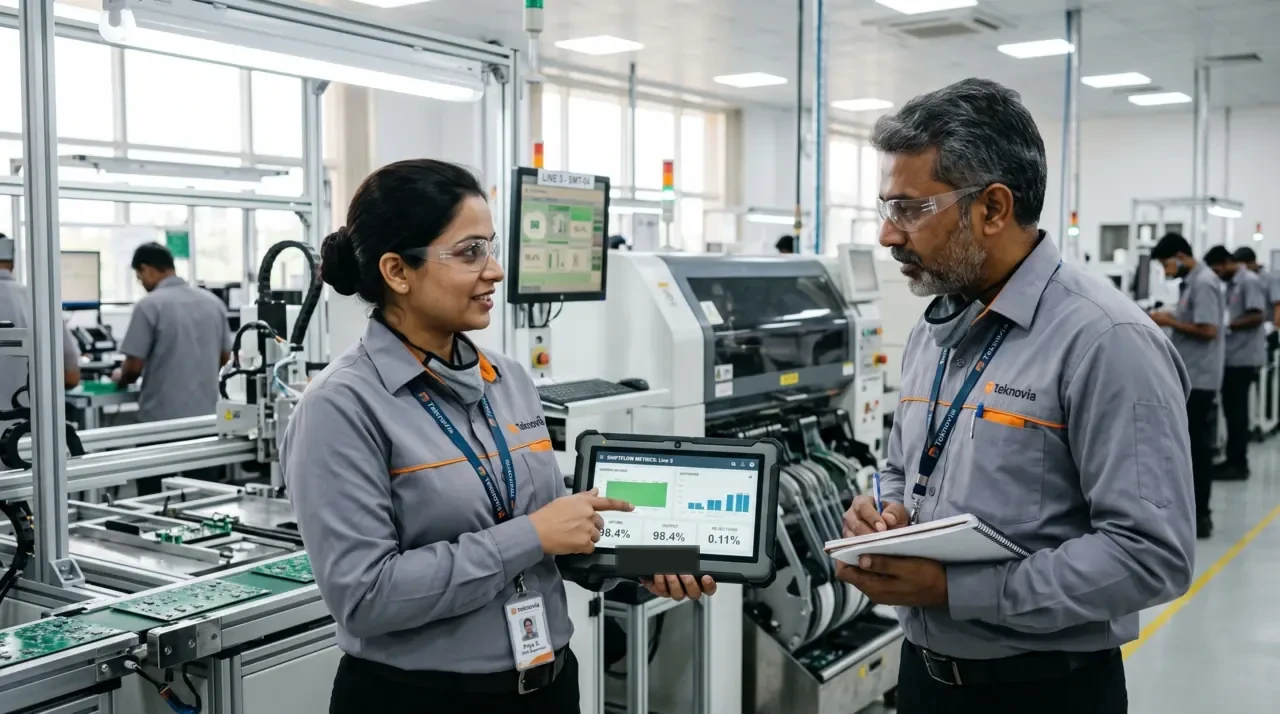 A woman engineer and a senior colleague reviewing a tablet beside an electronics production line