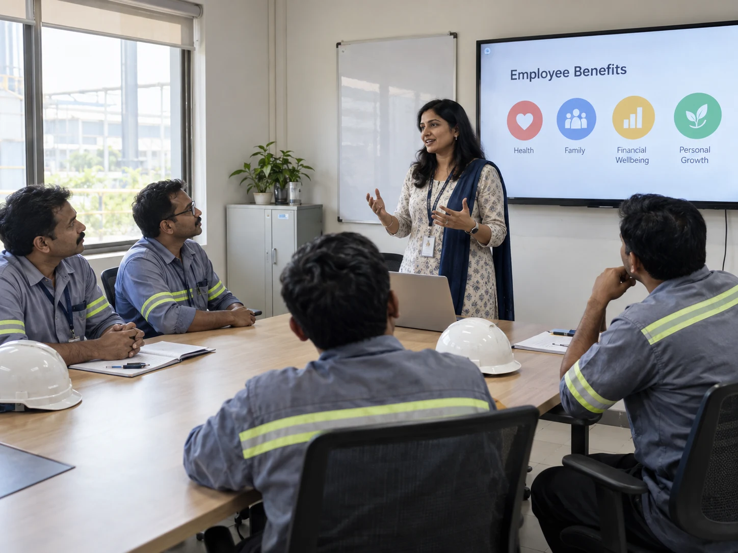 A woman HR head presenting a workforce benefit programme to a small group of plant supervisors in a training room