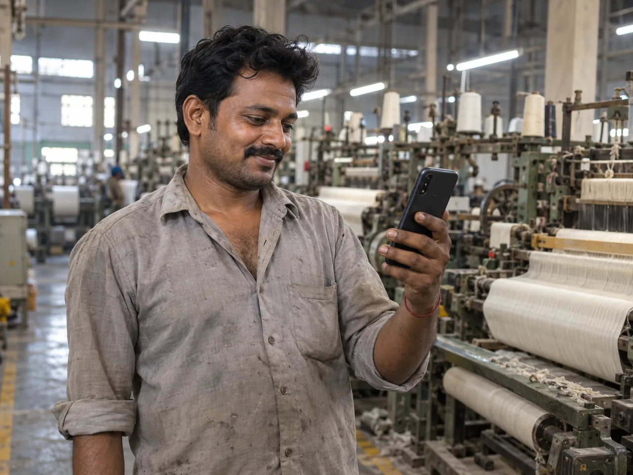 A textile mill worker holding a smartphone showing the Salary++ app