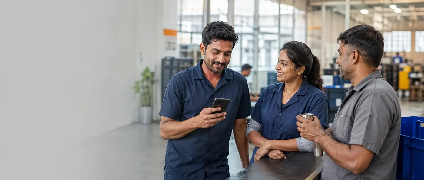 Three colleagues looking at a phone together in a bright warehouse