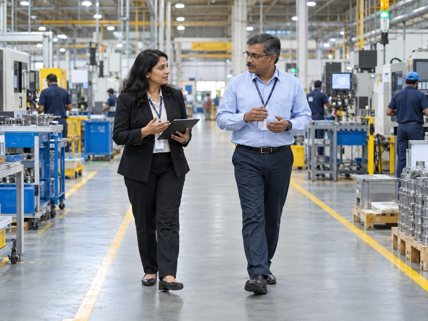 A senior HR head and a plant director walking through a bright factory hall discussing workforce plans