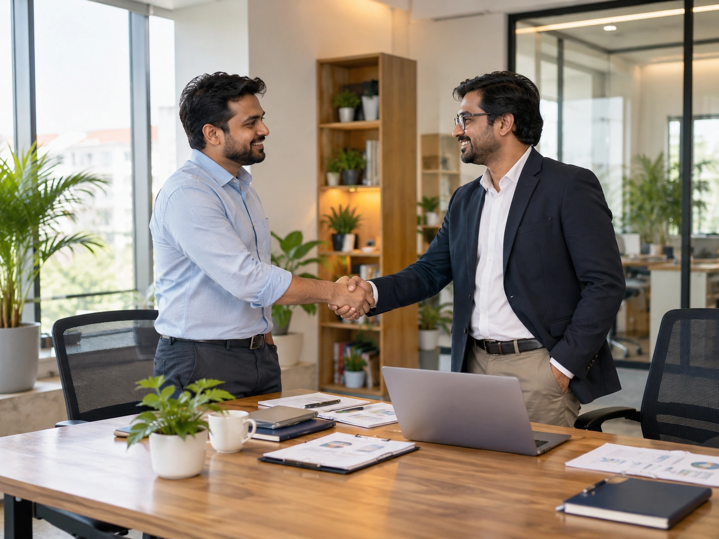 Two business owners shaking hands in a bright office with a laptop and documents on the table