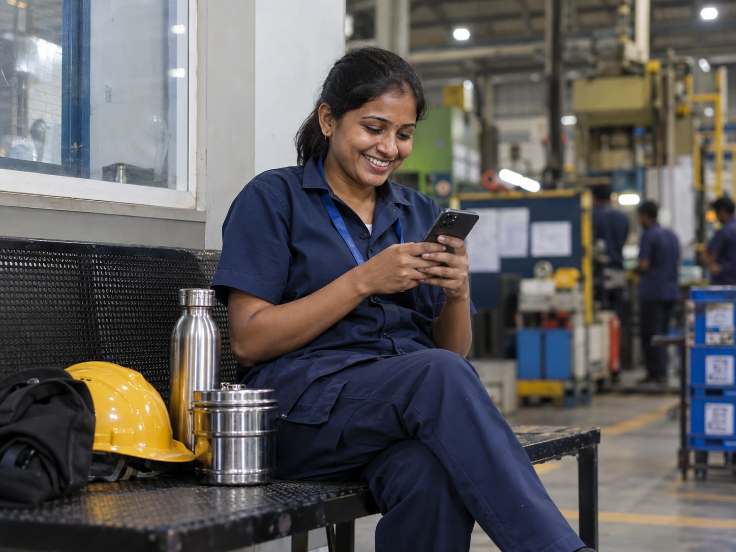 A smiling factory worker in a uniform checking her earned wages on a phone during a break