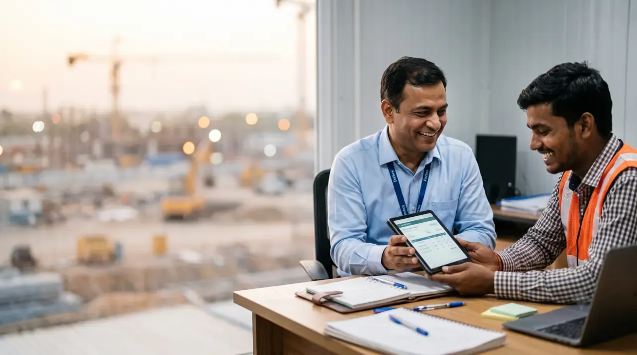 A site manager and a worker in an orange vest reviewing a tablet at a desk in front of a construction site