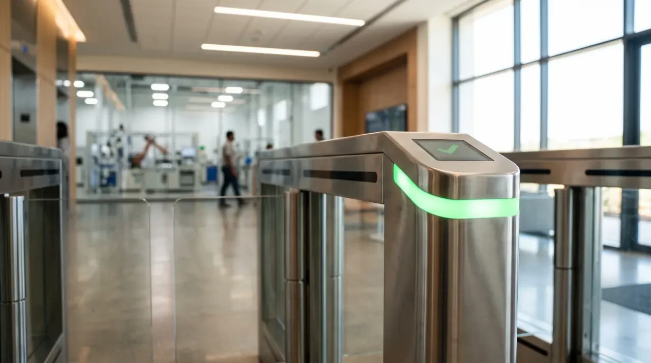 A flap-barrier speed gate with a glowing green indicator in a modern building lobby