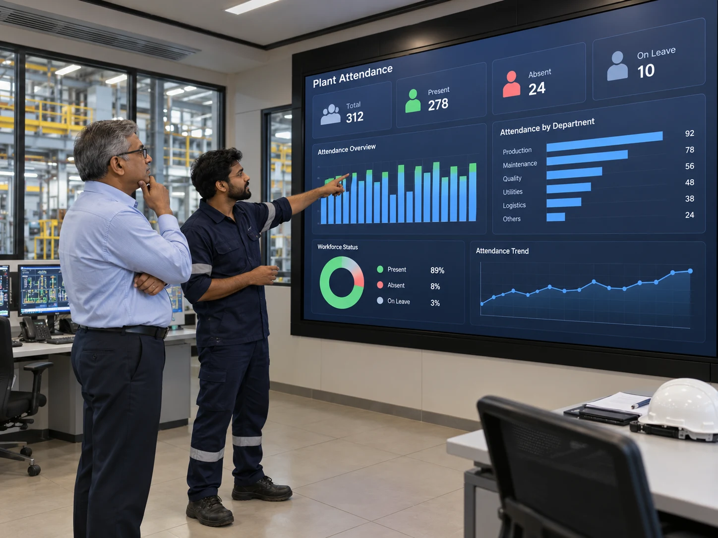 A senior operations head and a technician looking at a large wall dashboard of plant attendance in a control room