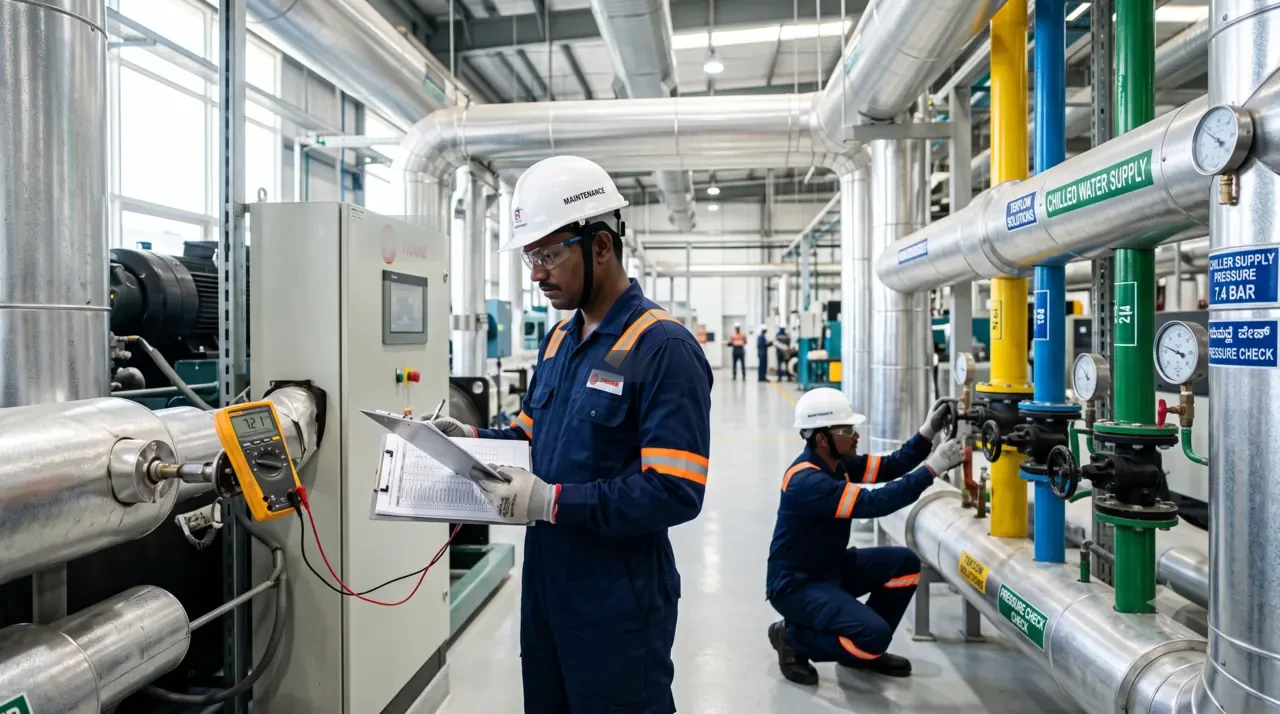 A maintenance engineer checking a gauge on a plant utilities line while a colleague works below
