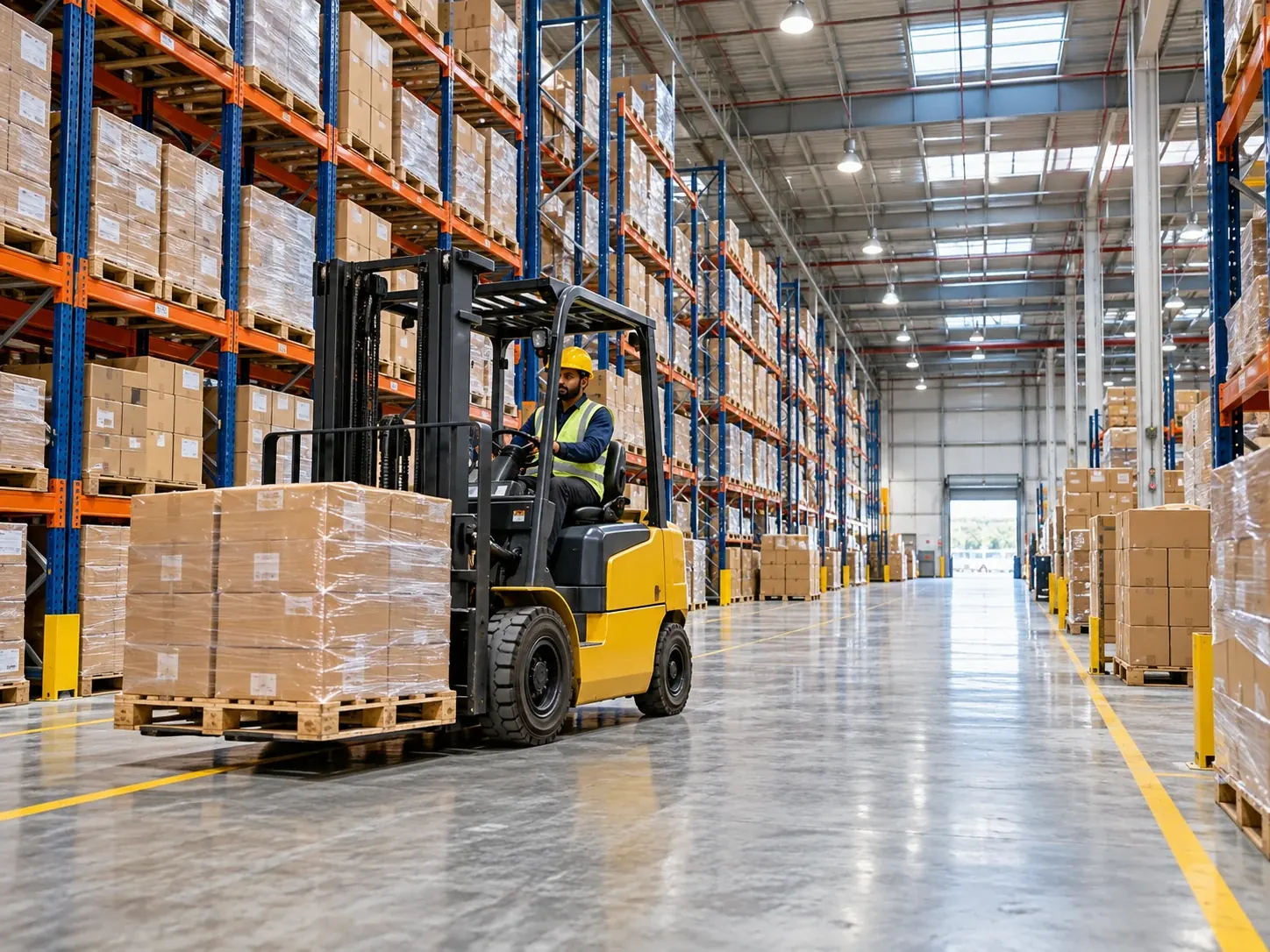 A large warehouse with tall racking, stacked cartons and a forklift