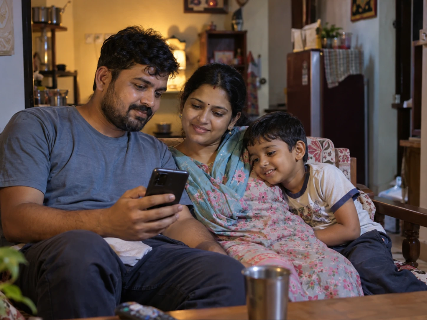 A worker at home in the evening talking with his wife and child while looking calmly at his phone