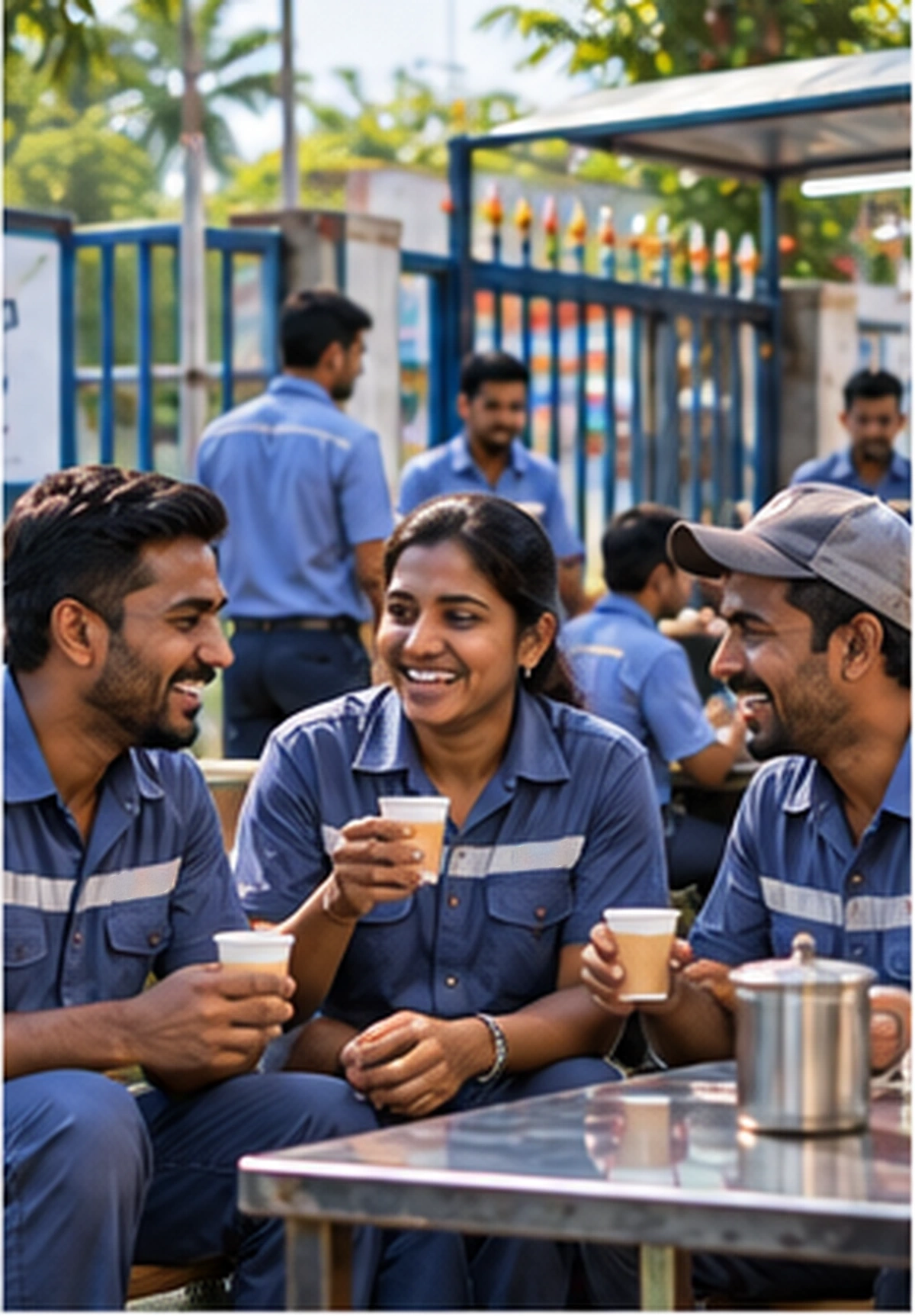A group of factory workers laughing together at a tea stall outside the plant gate after their shift