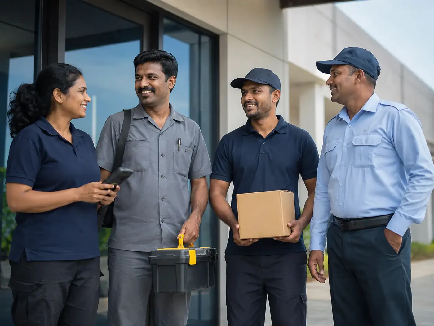 Four workers and supervisors chatting and smiling outside an industrial facility