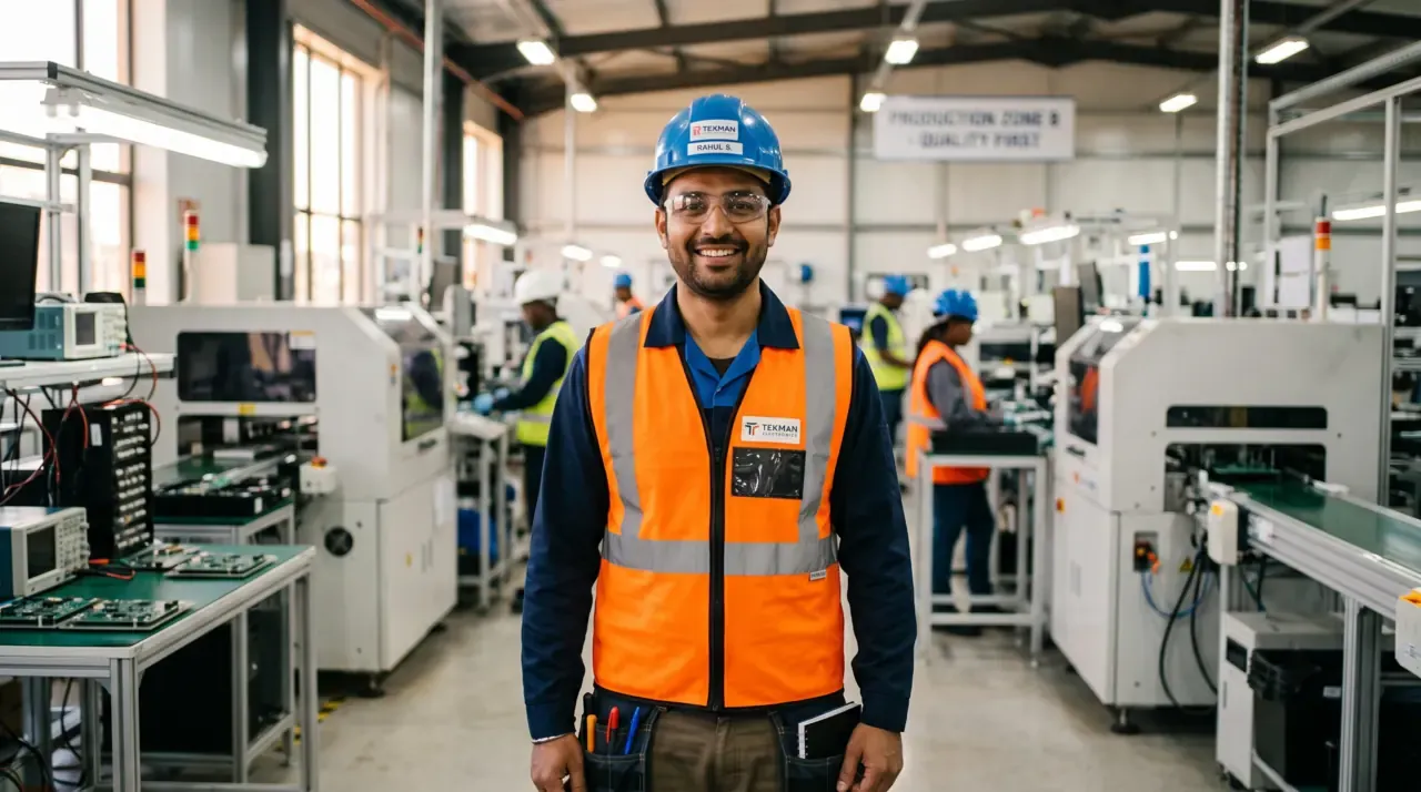 A smiling woman in an orange hard hat and hi-vis vest standing on a factory floor