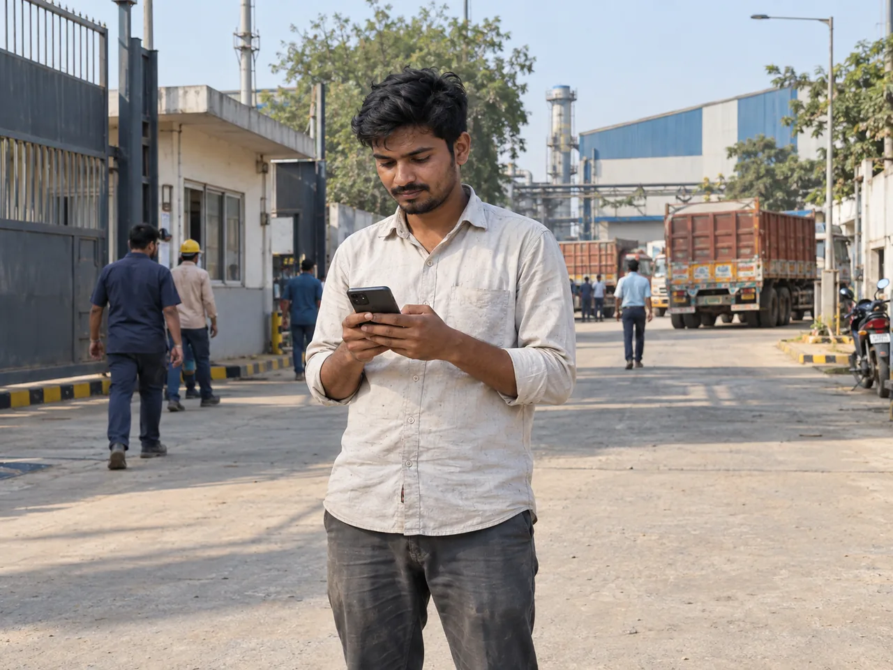 A young man looking closely at his phone outdoors