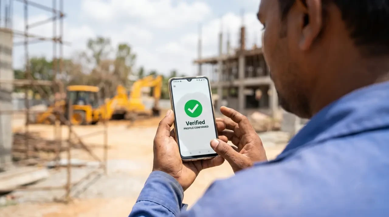 A worker holding a smartphone showing a green verified tick at a construction site