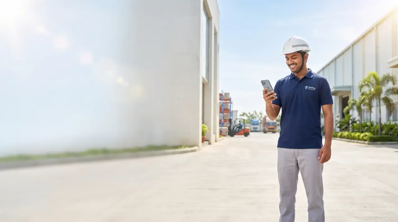 A worker in a navy polo checking his phone outside an industrial building